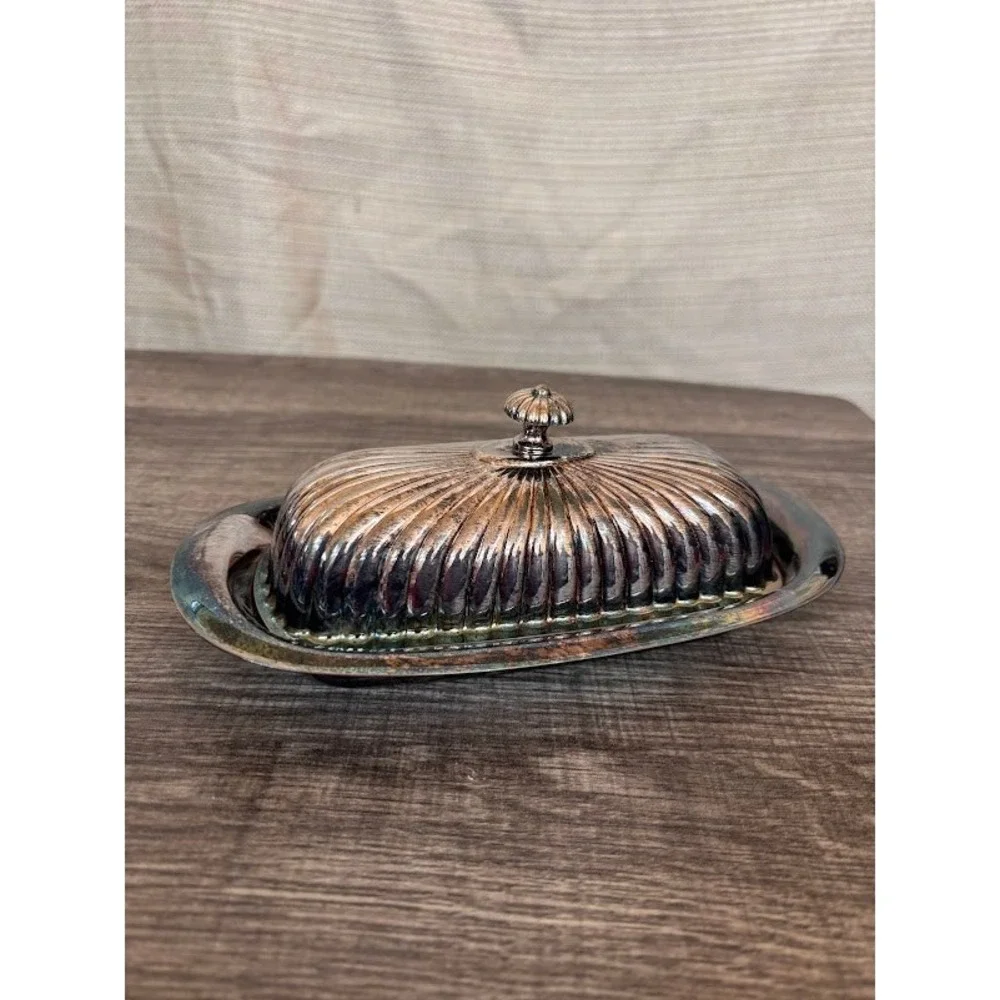 Kent Silversmiths Vintage Silverplate Butter‎ Dish with Glass Liner 3 Piece Set